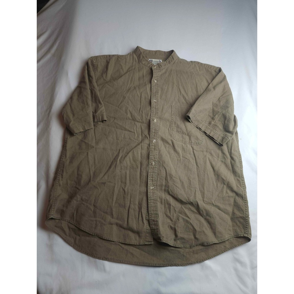 Gulf Traders Mens Large Linen Blend Band Collar Short Sleeve Shirt Olive Green